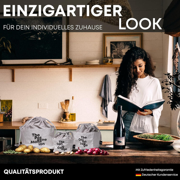 lamounia - Nachhaltige Boho Säckchen aus veganem Leder als Kartoffel Aufbewahrungsbox im 3er Set - S