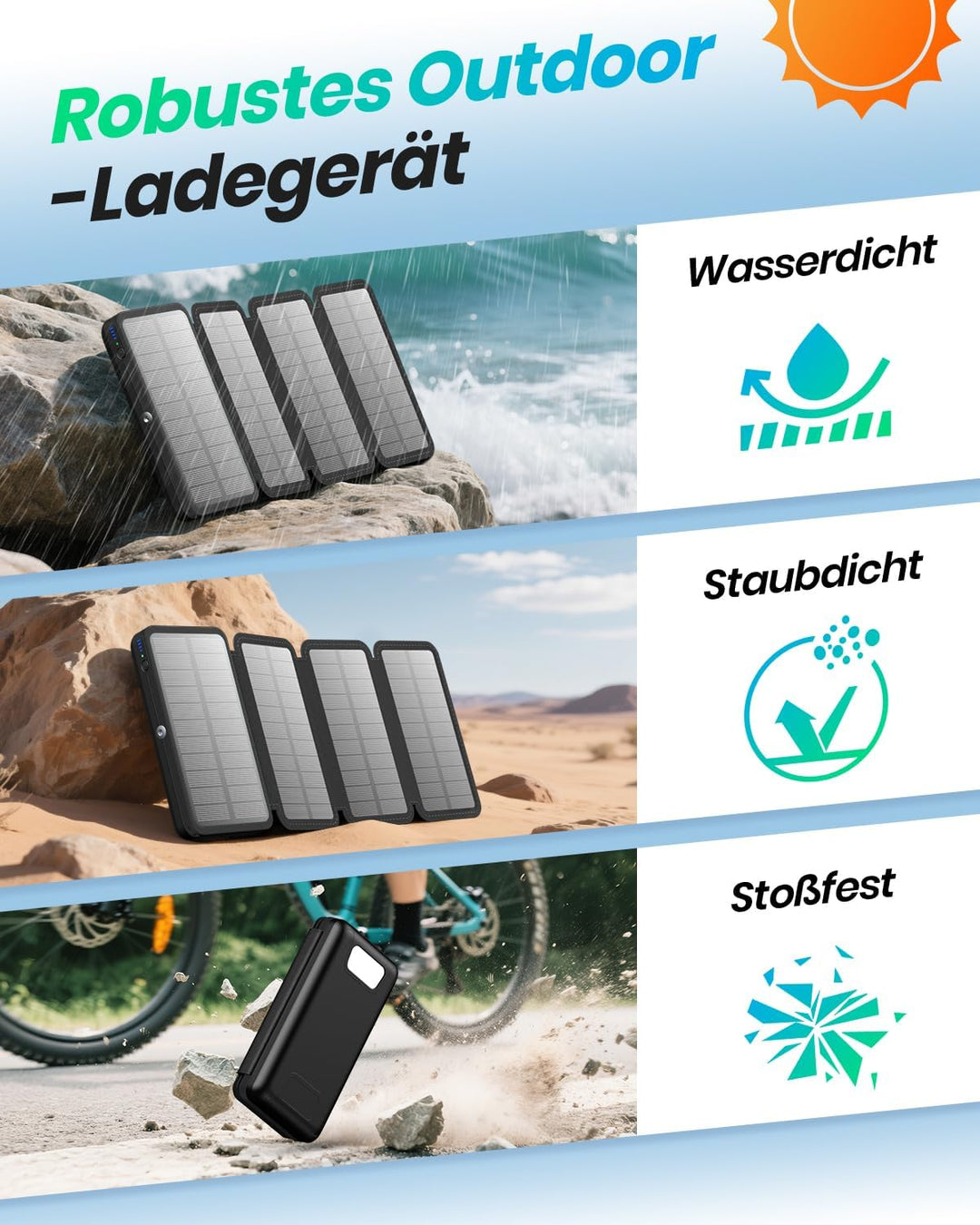 Solar Power Bank - A ADDTOP Solar Ladegerät Tragbares Powerbank Schnelles Aufladen Noir, Noir