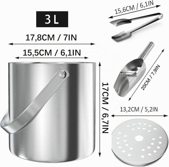 Eiswürfelbehälter, 3L Eisbehälter rund mit Sieb und Eiszange, Eiswürfelbehälte, Sektkühler Flaschenk