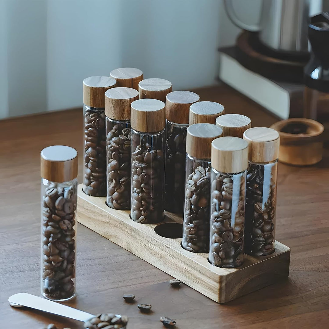 12 x Kaffeebohnen Behälter Einzeldosis Glas Kaffeevorratsdosen Luftdicht Kaffeebehälter mit 12-Loch