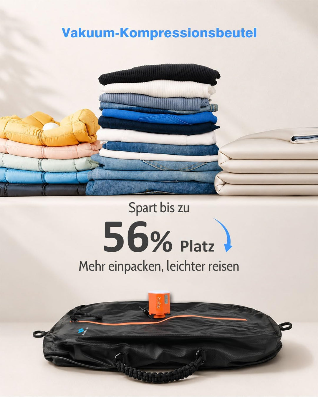 Zurligi 39L Vakuumbeutel-Reiseset mit Pumpe, Nylon, Griff, Schwarz, 2 Stück | Wiederverwendbare, was