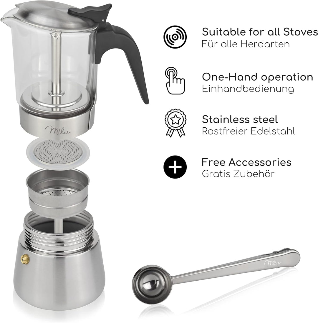 Milu Espressokocher Induktion geeignet | 4, 6 Tassen | Edelstahl Glas Mokkakanne, Espressokanne, Esp