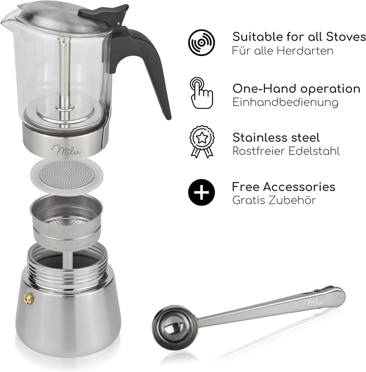 Milu Espressokocher Induktion geeignet | 4, 6 Tassen | Edelstahl Glas Mokkakanne, Espressokanne, Esp