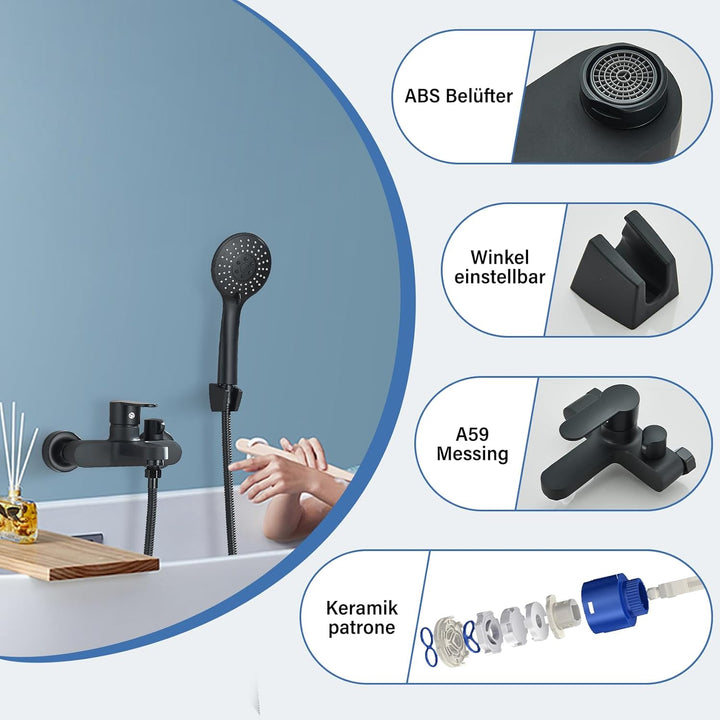 Badewannenarmatur Wannenarmatur mit Handbrause Mischbatterie Badewanne mit Brauseschlauch Aufputz Wa