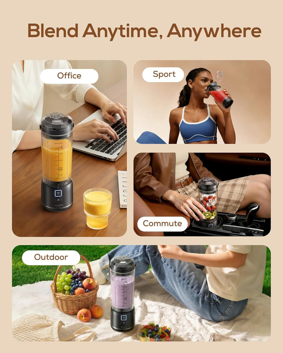 Sangcon Tragbarer Mixer 500ml, Smoothie Maker USB Wiederaufladbar, Mini Standmixer für Fitness, Büro