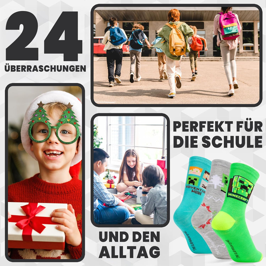 Minecraft Socken Adventskalender 2024 mit 24 Crew Socks - Geschenke für Kinder