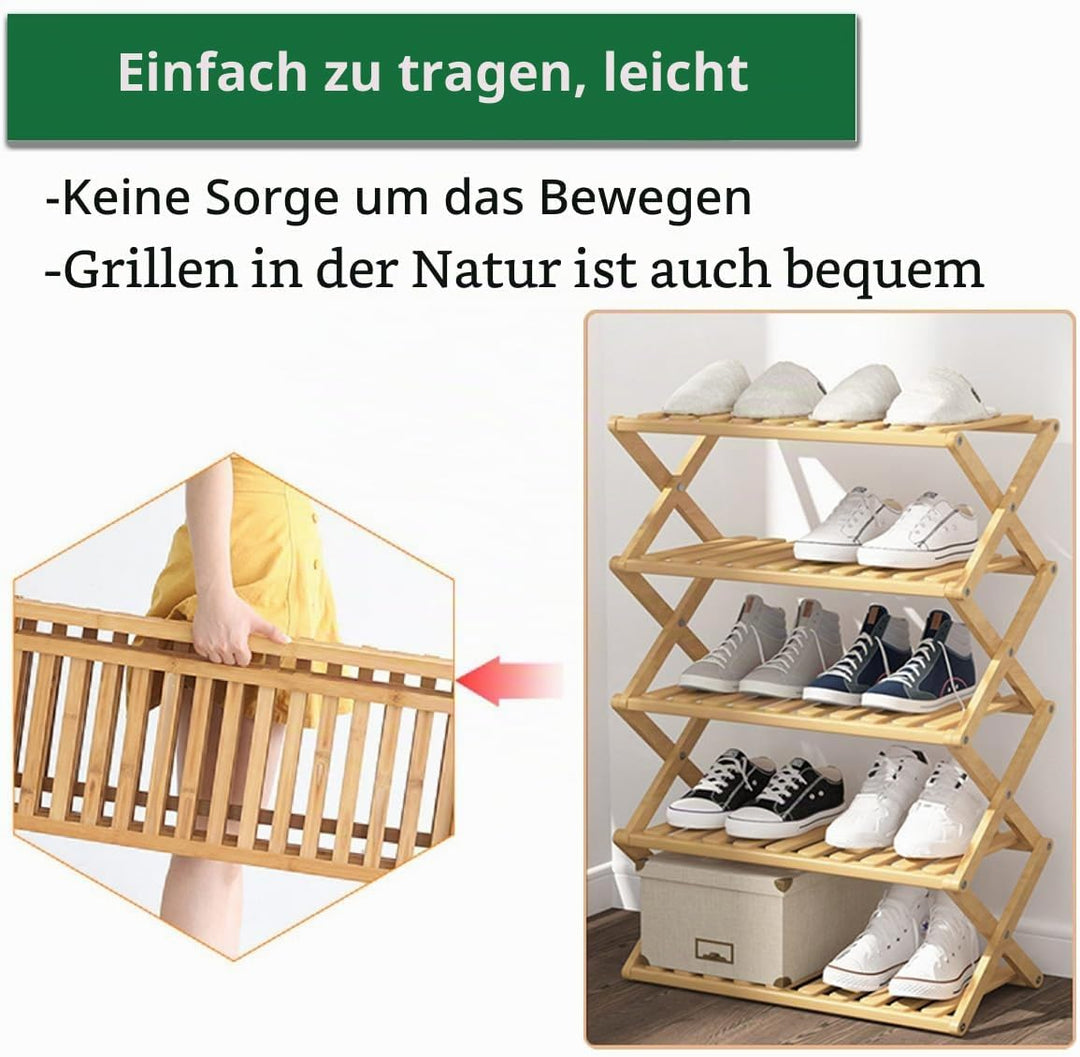 Schuhregal aus Bambus mit 5 Ebenen, tragbar, zusammenklappbar, ohne Installation, kleines Schuhregal
