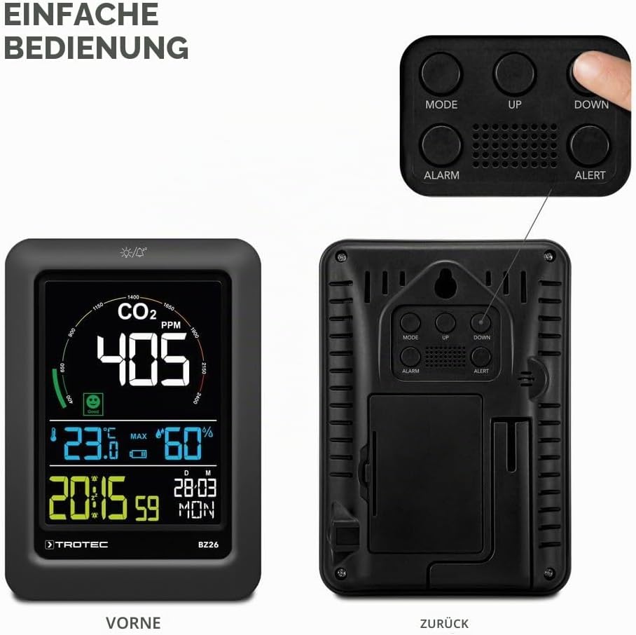TROTEC CO2 Messgerät BZ26 – Luftqualitätsmonitor – Messbereich 400 bis 5000 PPM, Lufttemperatur, rel