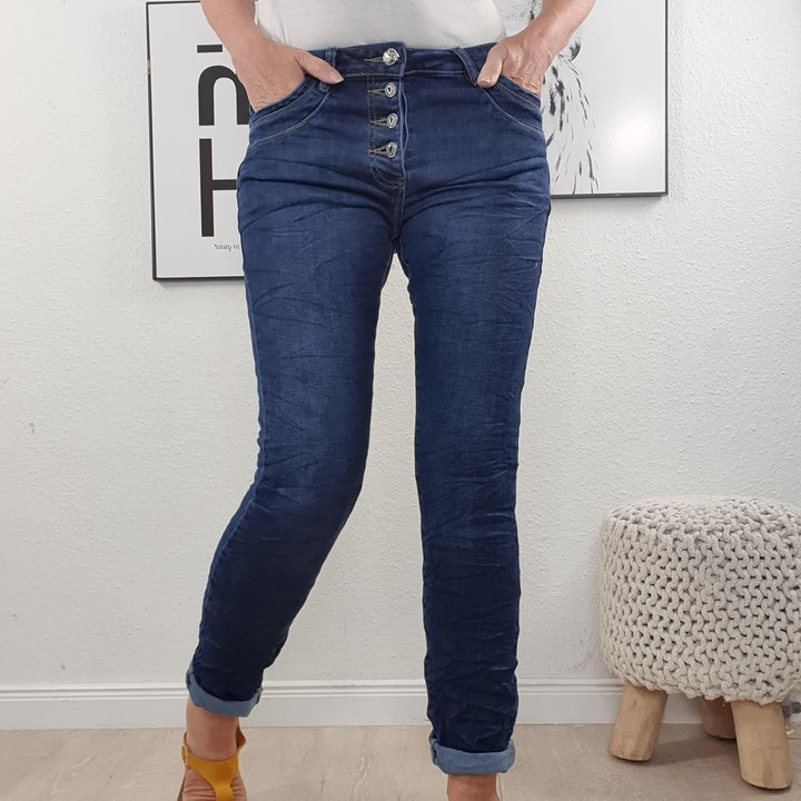 Jewelly Stretch Jeans| im Baggy Boyfriend Schnitt| Damen Hose mit dekorativer Knopfleiste| Perfekter