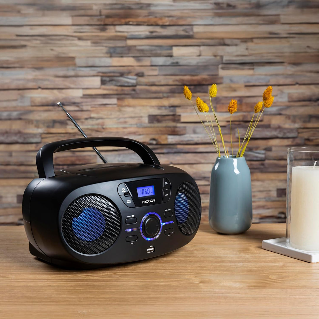 Mooov 477415 Tragbarer CD-Player, CD-Audio-Lesegerät CD-R/CD-RW/CD-MP3, FM-Radio, USB-Anschluss, LED