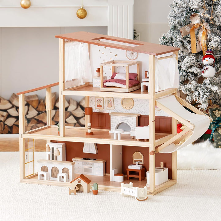 ROBUD Puppenhaus Holz, 3-Stöckiges Böhmischen Stil Puppenhaus mit 37 Zubehör & Möbel, Kinder Spielze