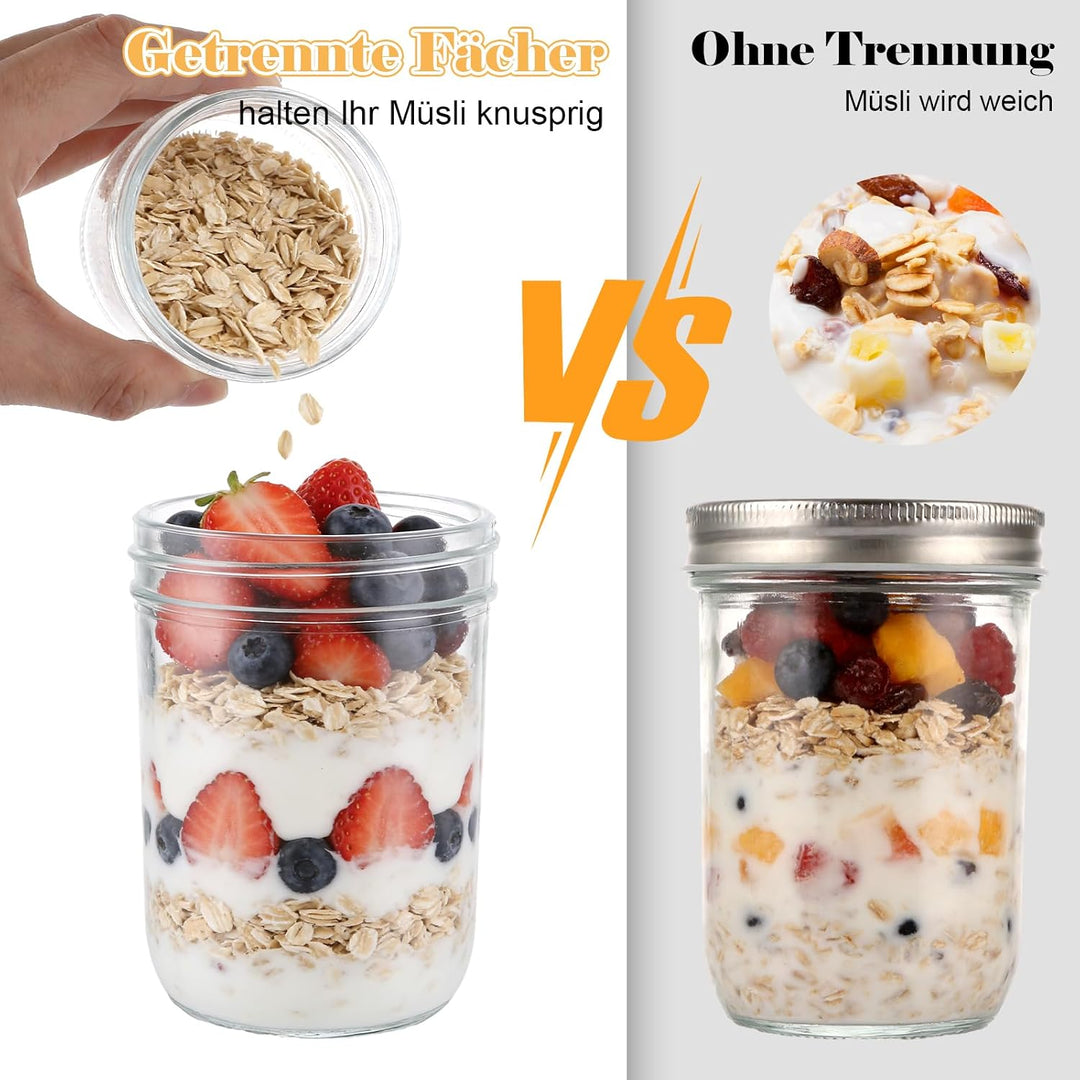 4er Müslibecher to go, 500ml+100ml Overnight Oats Gläser, Joghurtbecher to go mit Doppelschicht-Desi