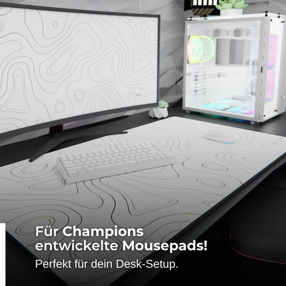 NYFTER - XXL Gaming Mauspad weiss im Topography design 900 x 500mm Premium Mousepad Size Gross vernä