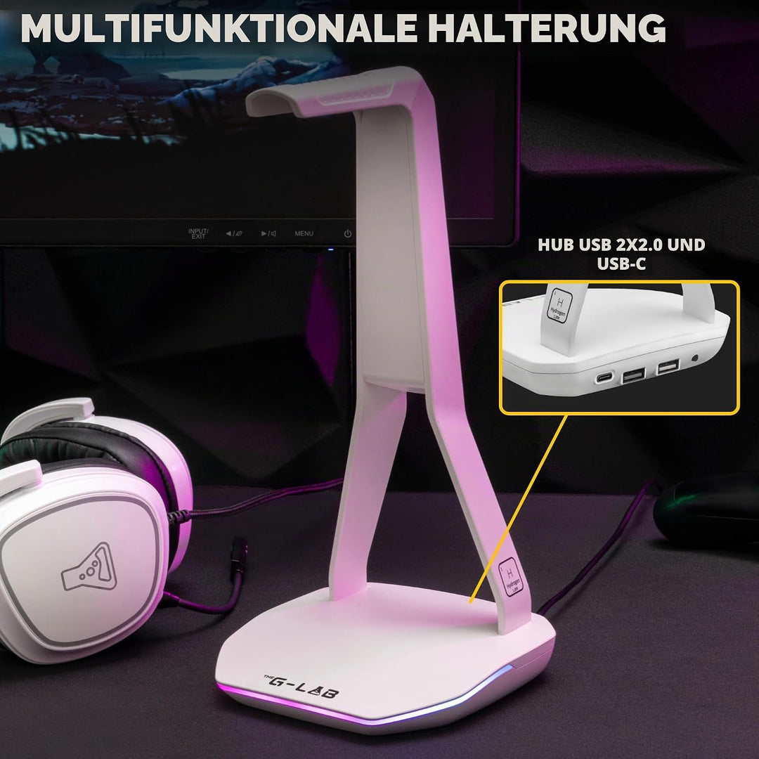 The G-lab – K-Stand Hydrogen – Gaming Kopfhörer Ständer – RGB mit 7 Farben, EIN/Aus-Schalter, 2X USB