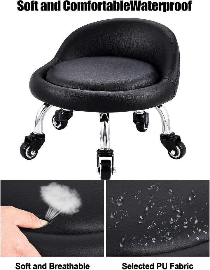EBANKU Kleine Niedrig Rollhocker, Rollhocker Drehhocker Arbeitshocker, Rückenlehne 360° Rollhocker N