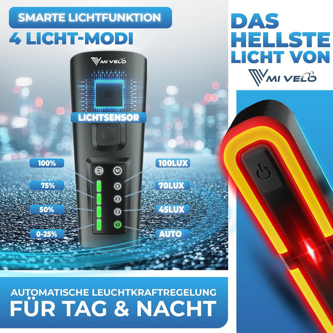 MIVELO SMART Fahrradlicht Set 100LUX, 2000mAh Power-Akku, Auto-Sensor, StVZO zugelassen, USB aufladb