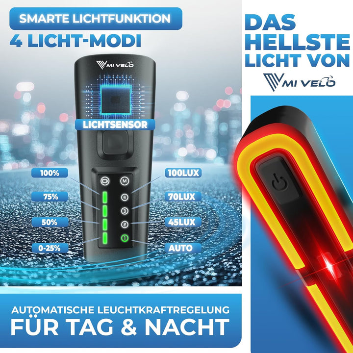 MIVELO SMART Fahrradlicht Set 100LUX, 2000mAh Power-Akku, Auto-Sensor, StVZO zugelassen, USB aufladb
