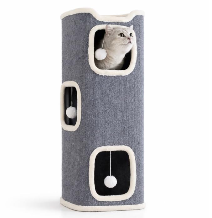 Katzenturm Kratztonne 3 Ebenen Kratzbaum 86cm hoch mit Spielbällen Kuschelhöhle Grau Gross Katzenhau