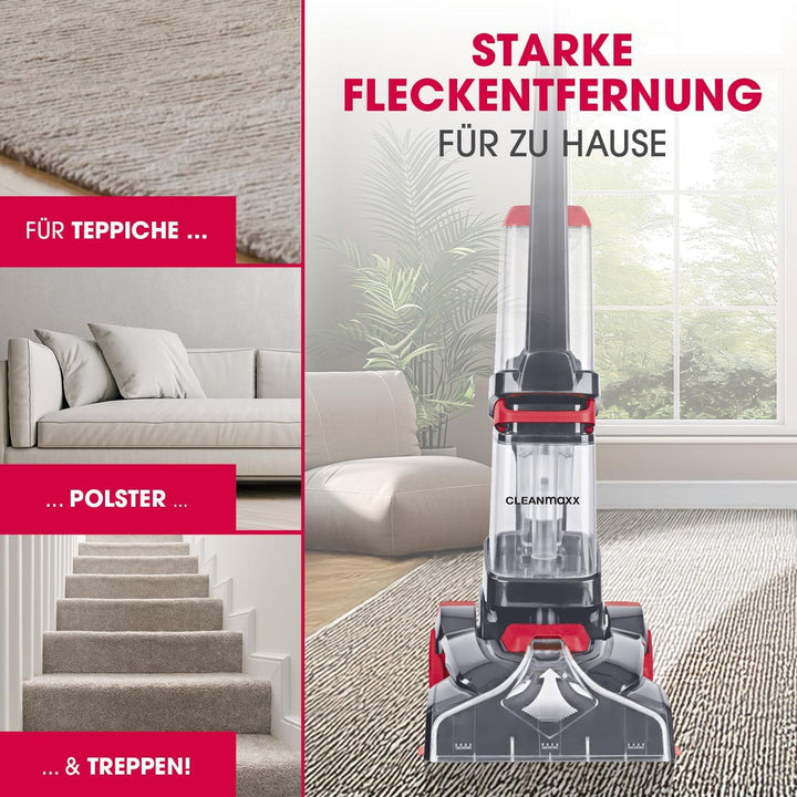 CLEANmaxx Teppichreiniger AquaStream Plus | 3 in 1: waschen, reinigen, absaugen | Nasssauger mit Vib