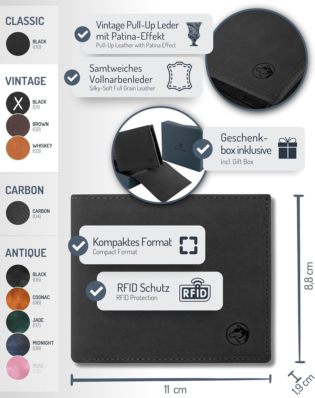 Wolfstrøm Geldbörse Herren Leder 'Nørge' – Tri-Fold Herren-Portemonnaie RFID-Blocker – 6 Karten-Fach