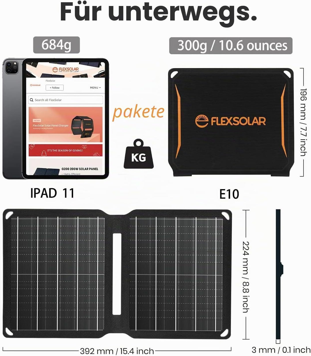 FlexSolar 10 W tragbares Solarpanel-Ladegerät,wasserdichtes IP67 faltbares Solarpanel mit USB-Anschl