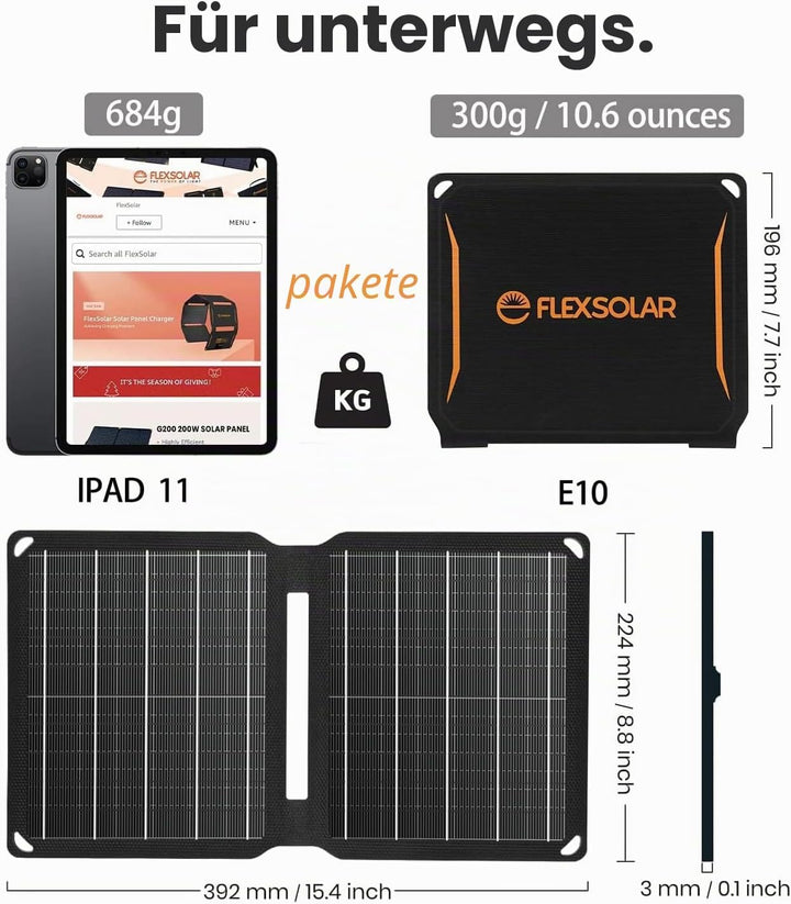 FlexSolar 10 W tragbares Solarpanel-Ladegerät,wasserdichtes IP67 faltbares Solarpanel mit USB-Anschl