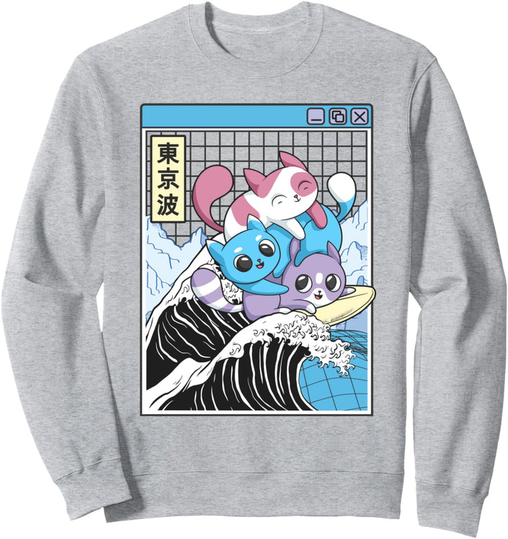 Playing Cats Surfen Kanagawa Wave Kawaii Anime Vaporwave Sweatshirt