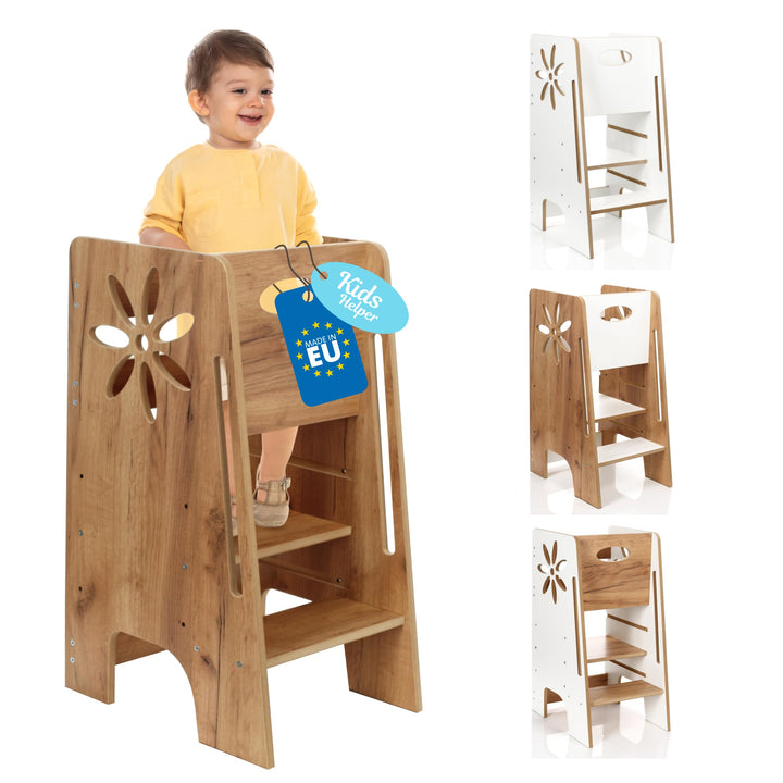 Kitchen Kids Helper Lernturm ab 1 Jahr - Höhenverstellbarer Lernturm Montessori Eiche 80cm - Sichere