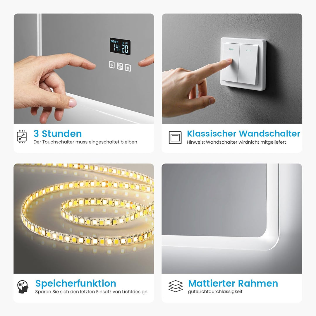 Heilmetz Led Badspiegel 80 x 60 cm Kaltweiss Badezimmerspiegel mit Touch + Bluetooth + Uhr + Beschla