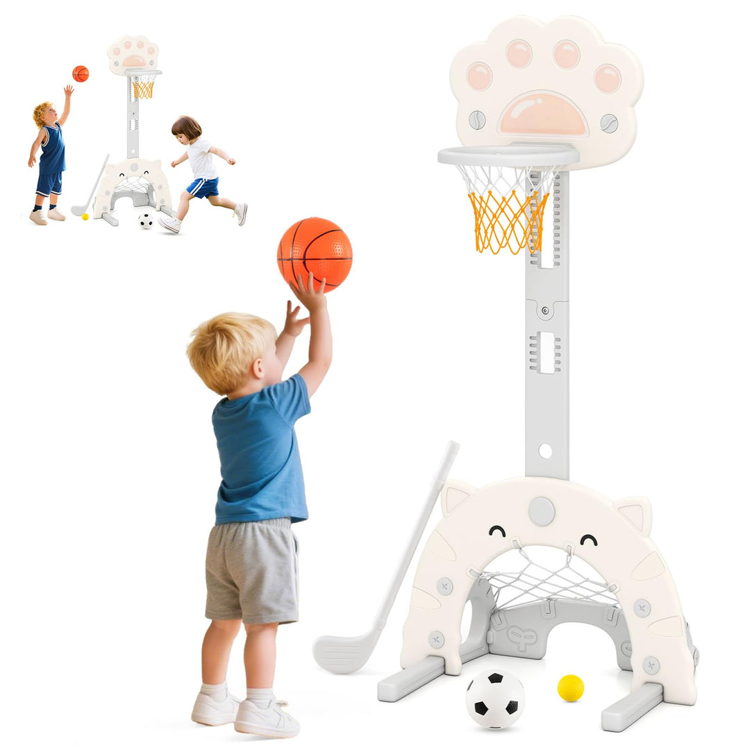 DREAMADE Basketballkorb Kinder, Basketballständer höhenverstellbar mit Fussballtor & Golfspiel, Mini