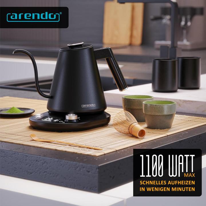 Arendo - Wasserkocher Edelstahl mit Temperatureinstellung - 1100 Watt - 40° bis 100° - Warmhaltefunk