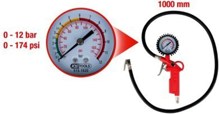 KS Tools Reifendruckprüfer 515.1920 0-12 Bar I Druckluft-Reifendruckfüller für Einhandbedienung I Mi