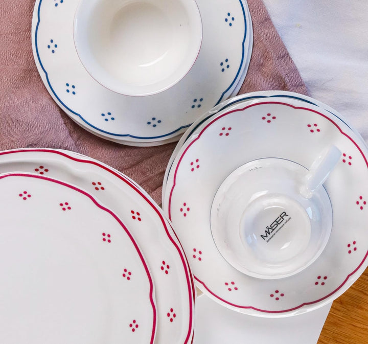 Mäser Serie Lova, Kaffeeservice 18-teilig Porzellan – 6 Dessertteller 19,5 cm, 6 Tassen 19 cl & 6 Un