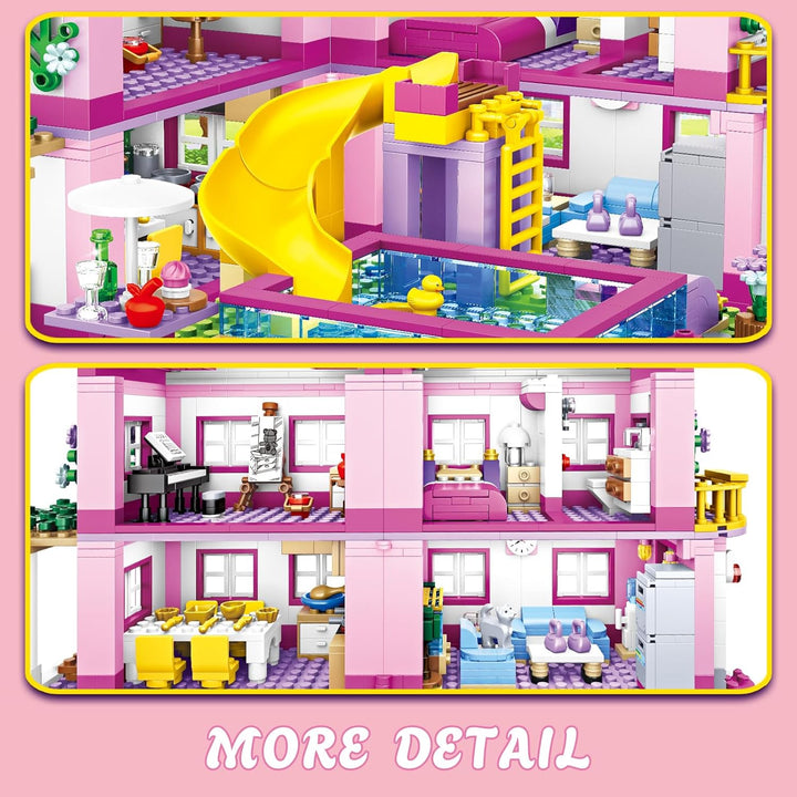 CSNRHG Rosa Sommer Pool Villa Baustein Set Freunde BAU Bildungs 1018 Stück Geschenke Erwachsene Alte