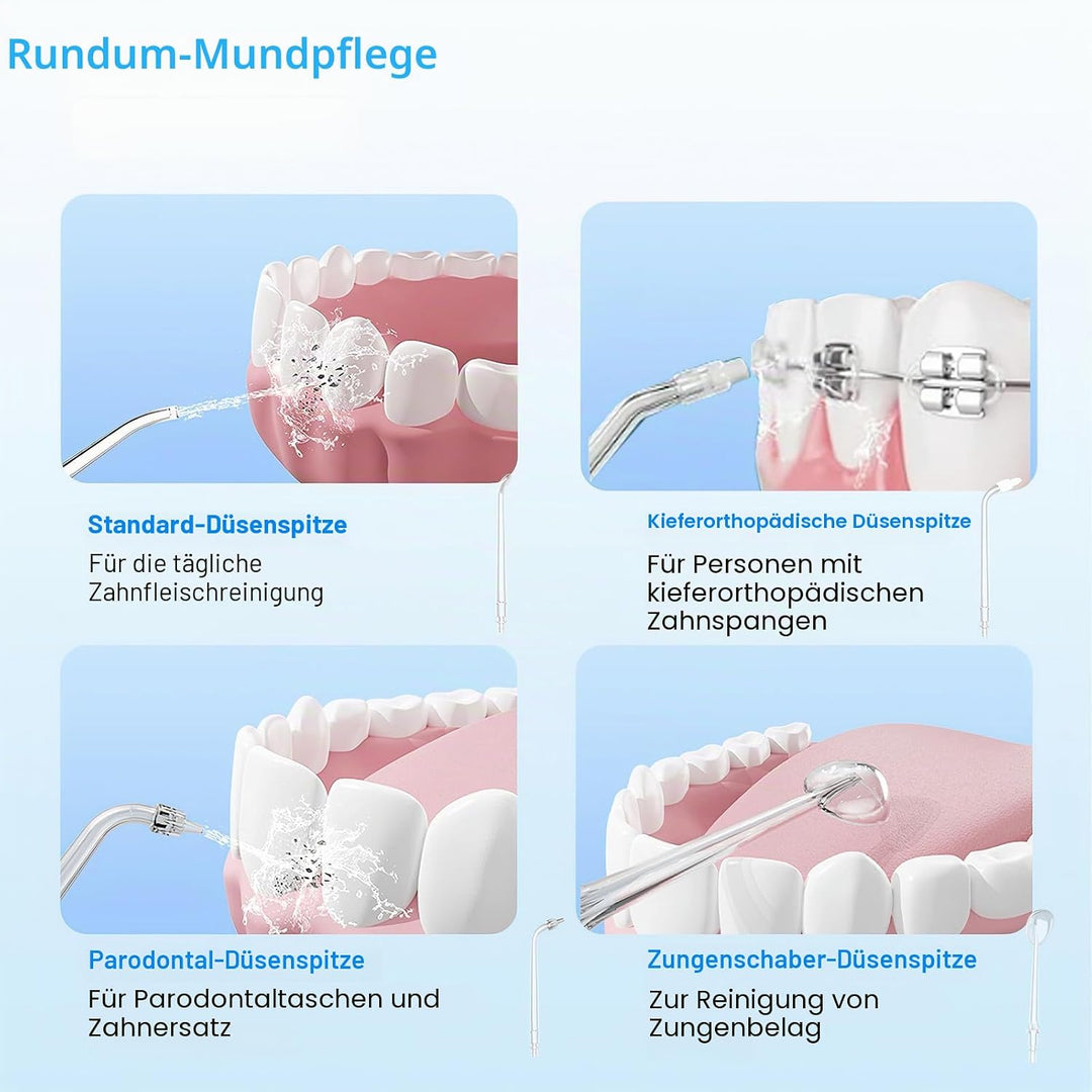 Munddusche Kabellos, 300ml Elektrische Zahndusche 4 Modi &amp; 4 Düsen, Aufladbarer Zahnzwischenraumrein