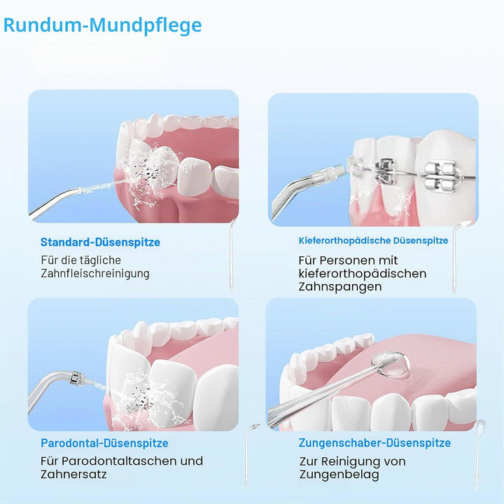 Munddusche Kabellos, 300ml Elektrische Zahndusche 4 Modi &amp; 4 Düsen, Aufladbarer Zahnzwischenraumrein