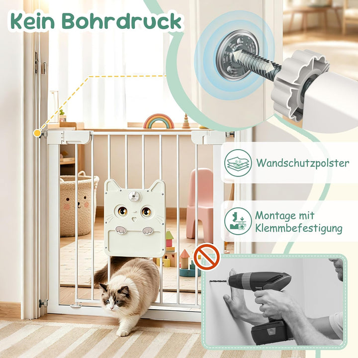 XMTECH Türschutzgitter mit Katzenklappe, ohne Bohren Weiss 95-105cm | Selbstschliessend mit 90° Stop