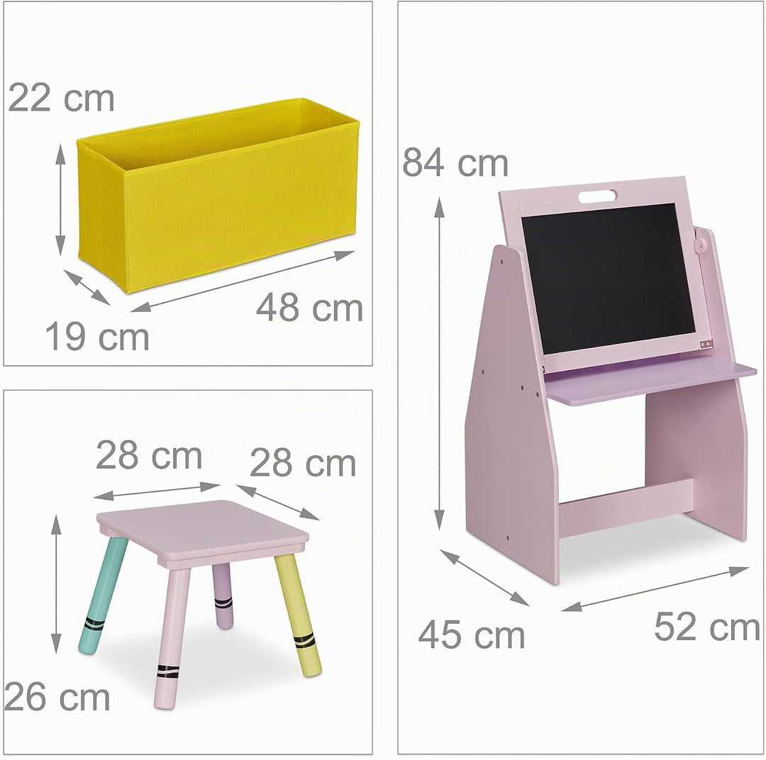 Relaxdays Kinderregal mit Tafel, Spielzeugregal mit 2 Fächern &amp; Stoffbox, HBT: 84x52x45 cm, Spieltaf