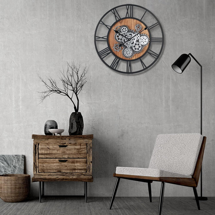 Lafocuse Wanduhr Gross mit Beweglichen Zahnrädern Industrial Steampunk XXL Holz Vintage Retro Schwar