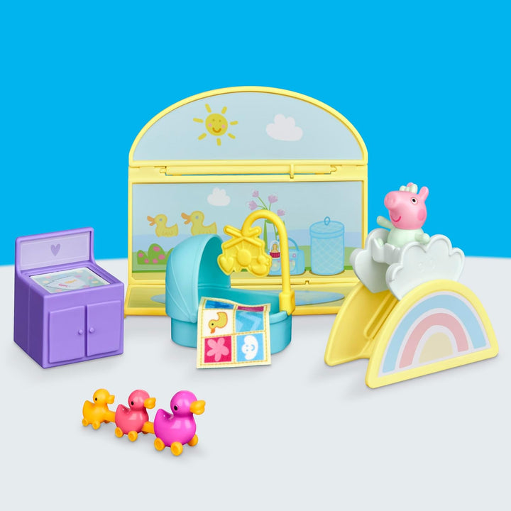 Peppa Wutz Evies Babyzimmer-Set mit 1 Figur und 7 Accessoires, passt zum Spielset Peppas grosses Hau