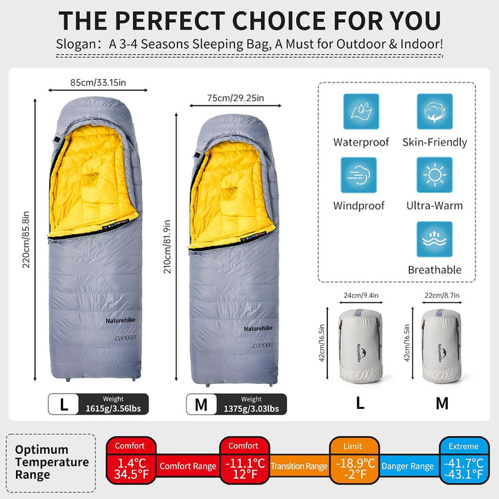 Naturehike CW-Serie RDS Daunenschlafsack,Ultraleichte Tragbare Kompackte Daunen Schlafsack 4 Jahresz