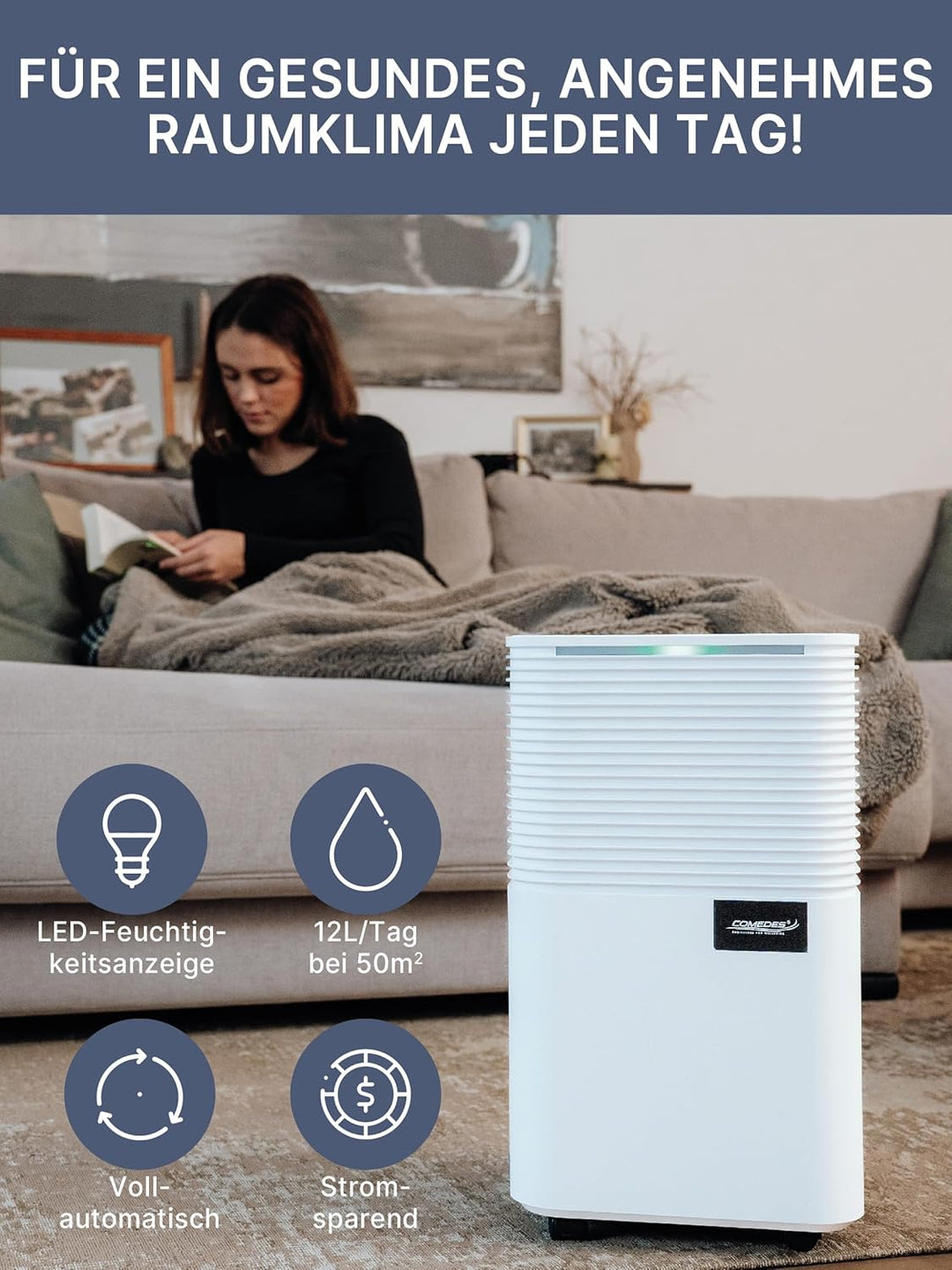 Comedes® Luftentfeuchter 12l / 24h - geräuscharmer Entfeuchter mit Rollen - leise & stromsparende Lu