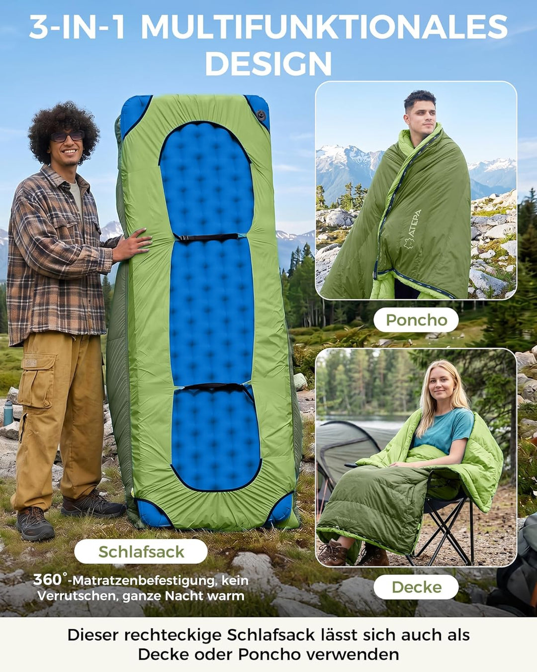 ATEPA Ultraleichter Daunenschlafsack 650/700FP, 3-Jahreszeiten (12°C / 6°C / -1°C), Leicht & Kompakt