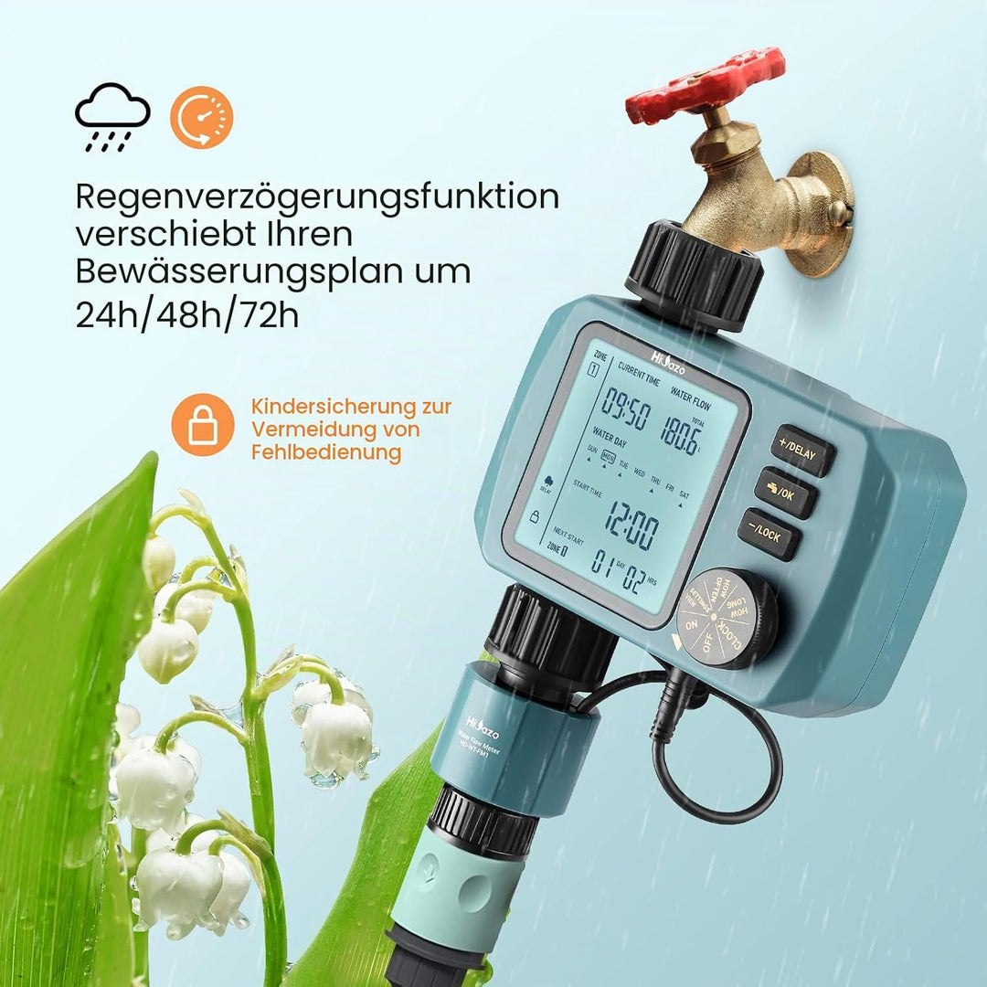HiOazo Bewässerungssteuerung, mit Wasser durchflussmesser, Programmierbar WasserZeitschaltuhr, 3 Bew