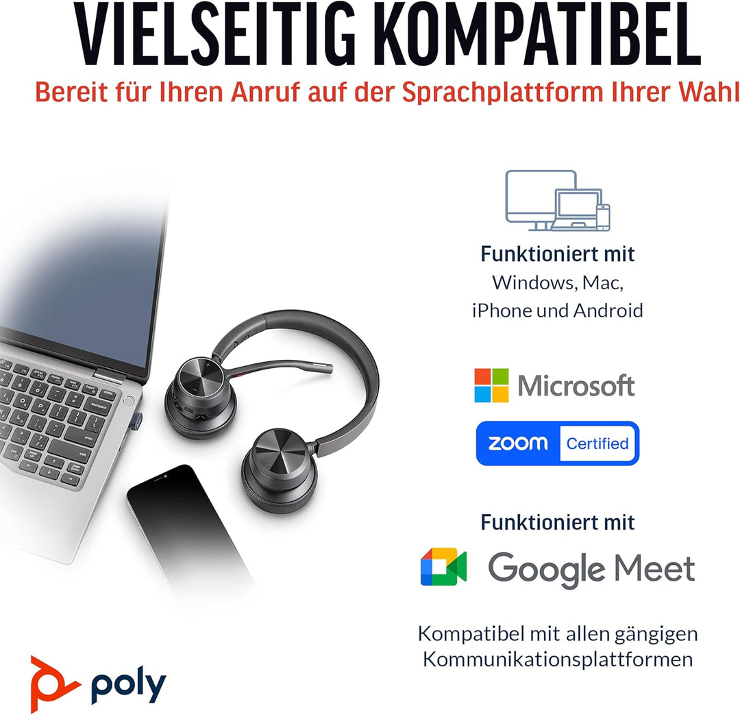 Schnurloses Poly Voyager 4320 UC-Headset – Stereo-Kopfhörer mit Noise Cancelling-Mikrofonarm – Verbi