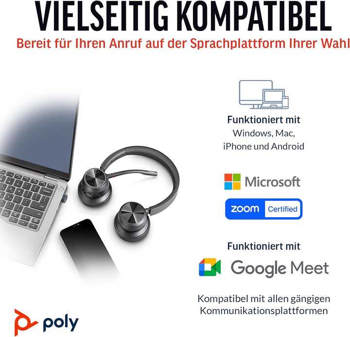 Schnurloses Poly Voyager 4320 UC-Headset – Stereo-Kopfhörer mit Noise Cancelling-Mikrofonarm – Verbi