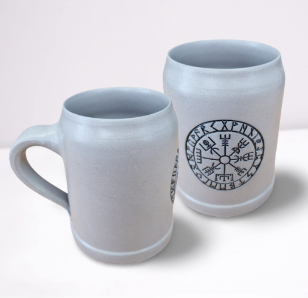 Töpferey Bierkrug Wikinger - Tonbecher mit Gravur Vegvisir, Mittelalter Kaffeebecher, Keramik Becher