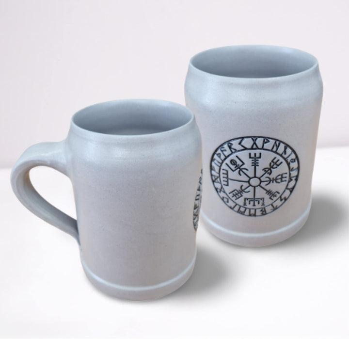 Töpferey Bierkrug Wikinger - Tonbecher mit Gravur Vegvisir, Mittelalter Kaffeebecher, Keramik Becher