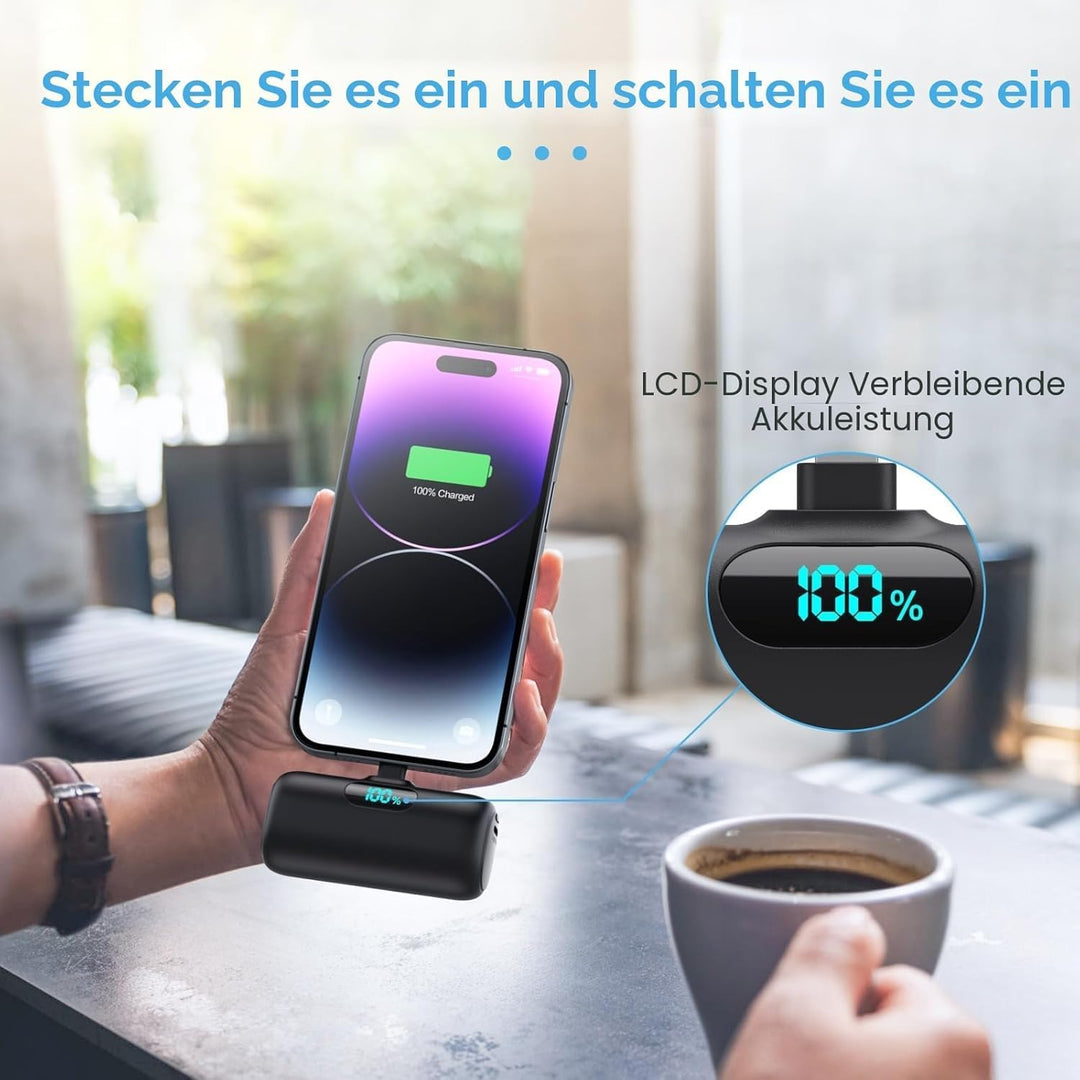 Mini Power Bank für iPhone 5000mAh, Upgrade 15W PD 3.0A Schnellladung, Leicht-Kompakt Powerbank LCD