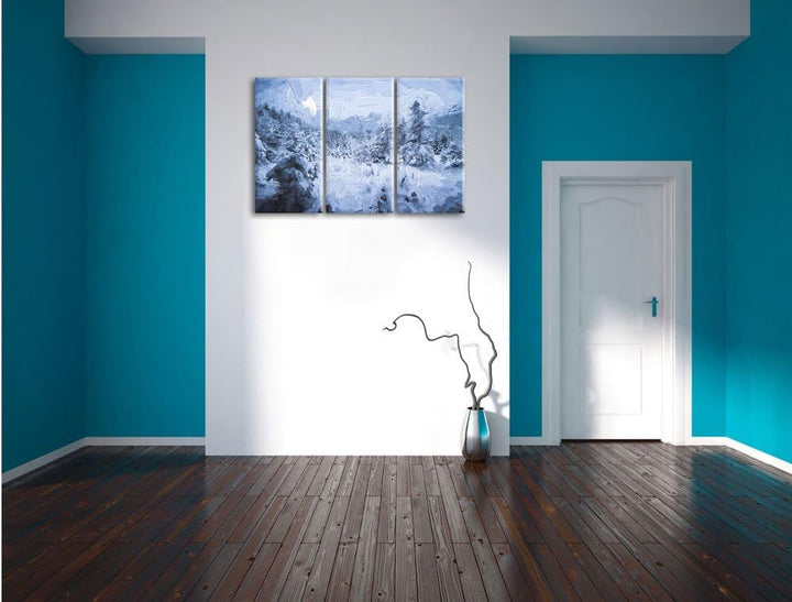 Pixxprint verschneiter Wald Pinsel Effekt 3-Teiler Leinwandbild 120x80 Bild auf Leinwand